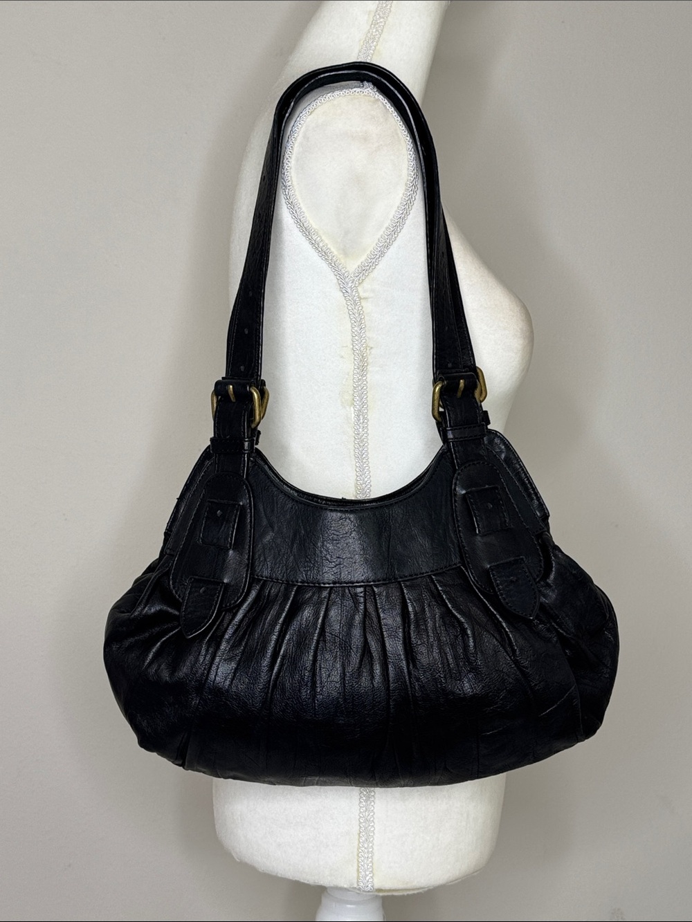 BCBGMaxAzria Black Pleated Brass Hardware Leather Shoulder Bag